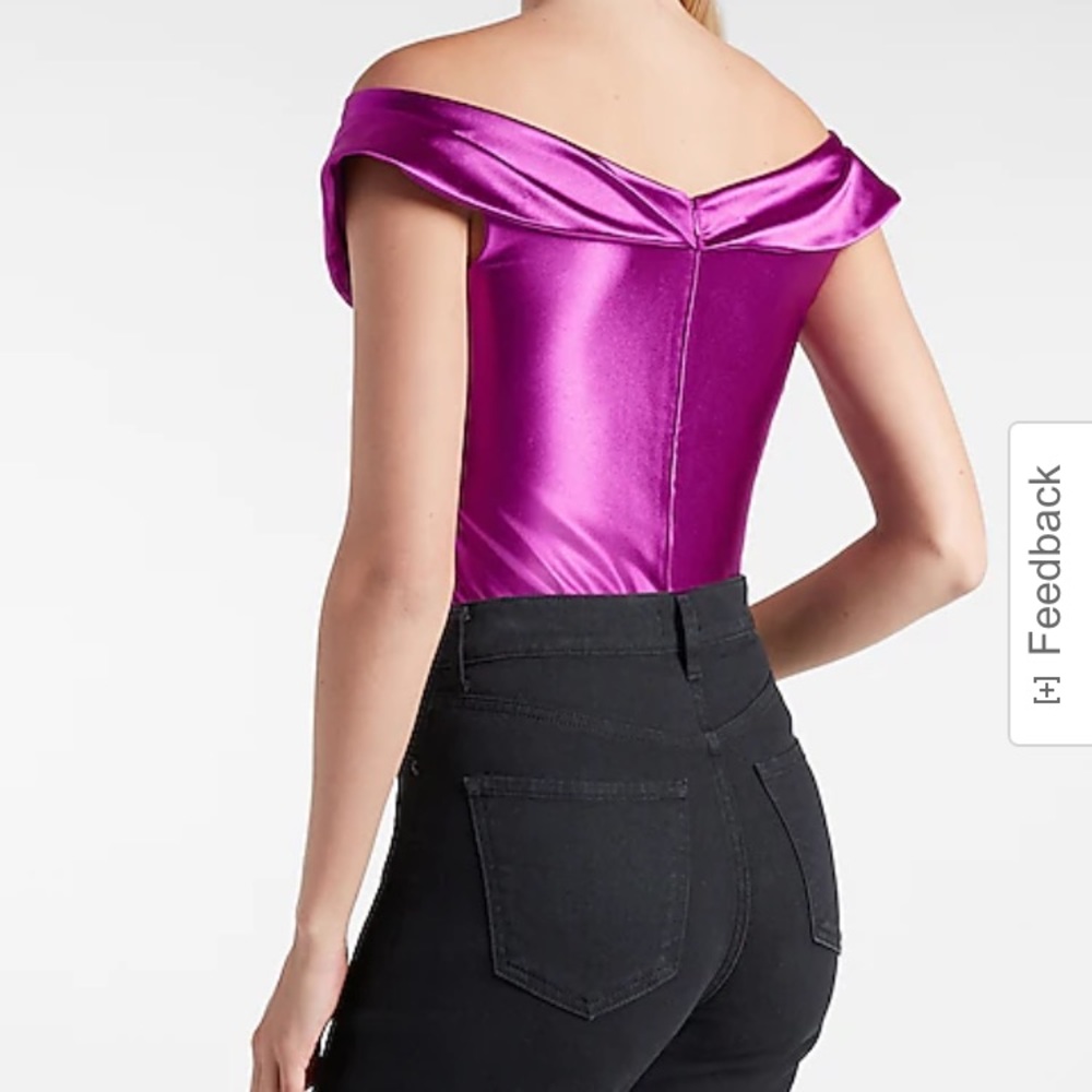 Express Magenta Satin Off The Shoulder Thong Bodysuit Size XS NWT - Picture 3 of 15